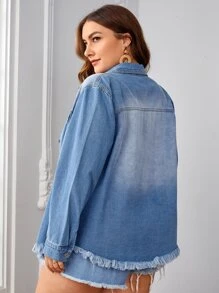 SHEIN Frenchy Plus Ripped Raw Cut Flap Pocket Denim Shirt - Light Wash - View 2