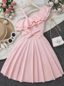 Teen Girls Asymmetrical Neck Ruffle Trim Belted Dress - Baby Pink - View 1