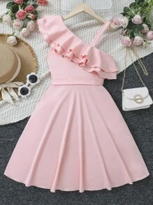 Teen Girls Asymmetrical Neck Ruffle Trim Belted Dress - Baby Pink - View 2