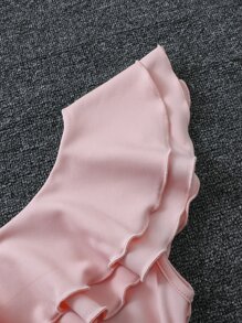 Teen Girls Asymmetrical Neck Ruffle Trim Belted Dress - Baby Pink - View 4