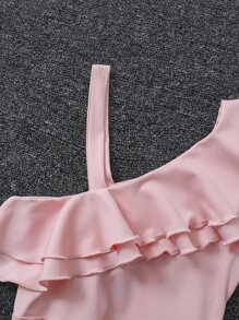 Teen Girls Asymmetrical Neck Ruffle Trim Belted Dress - Baby Pink - View 5