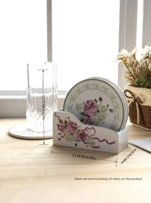 6pcs/set Flower Print Coaster & Rack,European Style Wood Insulation Pad & Rack For Home - Multicolor - View 4