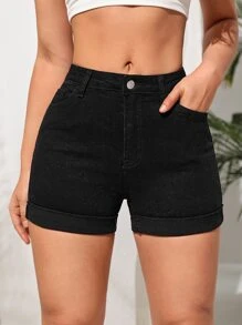 卷邊牛仔短褲 - 黑色 - 查看 1