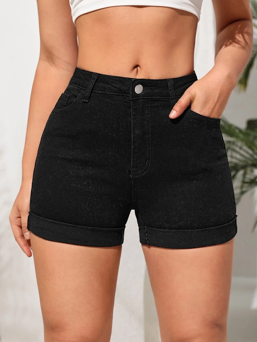 卷邊牛仔短褲 - 黑色 - 查看 1