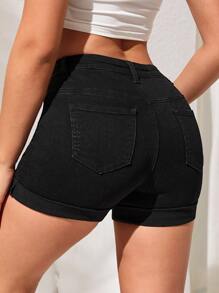 卷邊牛仔短褲 - 黑色 - 查看 2