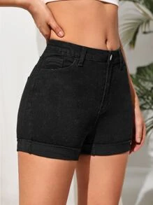 卷邊牛仔短褲 - 黑色 - 查看 3