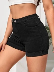 卷邊牛仔短褲 - 黑色 - 查看 5