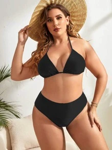 Swim Basics Conjunto de bikini minimalista de talla grande para playa de verano, sujetador triangular tipo halter y Bottom de cintura alta, 2 piezas - Negro - Ver 1