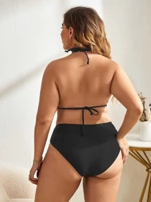 Swim Basics Conjunto de bikini minimalista de talla grande para playa de verano, sujetador triangular tipo halter y Bottom de cintura alta, 2 piezas - Negro - Ver 2