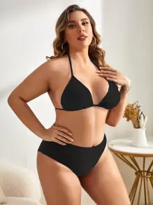 Swim Basics Conjunto de bikini minimalista de talla grande para playa de verano, sujetador triangular tipo halter y Bottom de cintura alta, 2 piezas - Negro - Ver 3