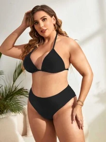 Swim Basics Conjunto de bikini minimalista de talla grande para playa de verano, sujetador triangular tipo halter y Bottom de cintura alta, 2 piezas - Negro - Ver 4