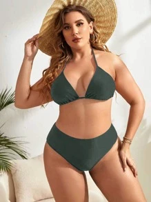 SHEIN Swim Curve Plus Size Plain Halter Triangle High Waisted Bikini Set Summer Beach - Army Green - View 1