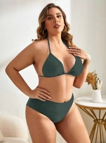 SHEIN Swim Curve Plus Size Plain Halter Triangle High Waisted Bikini Set Summer Beach - Army Green - View 4