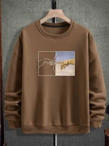 Manfinity Homme 男士手印运动衫外出圆领图案长袖休闲运动衫，适合朋友、丈夫、男朋友的礼物 - 咖啡棕 - 查看 3