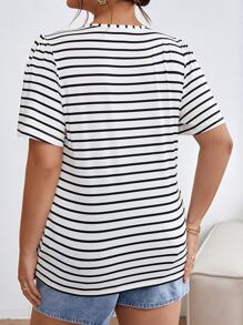 SHEIN Frenchy Plus Striped Print Butterfly Sleeve Tee - Black and White - View 2