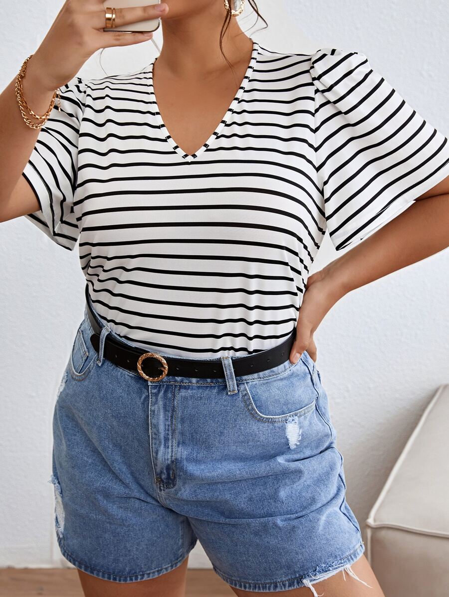 SHEIN Frenchy Plus Striped Print Butterfly Sleeve Tee - Black and White - View 1