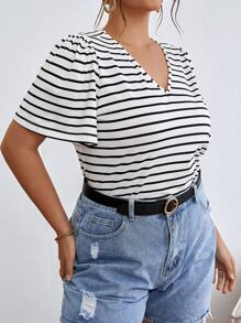 SHEIN Frenchy Plus Striped Print Butterfly Sleeve Tee - Black and White - View 3