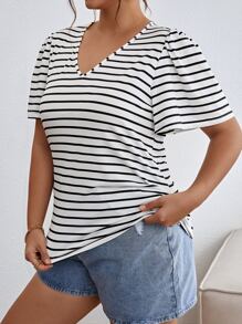 SHEIN Frenchy Plus Striped Print Butterfly Sleeve Tee - Black and White - View 5