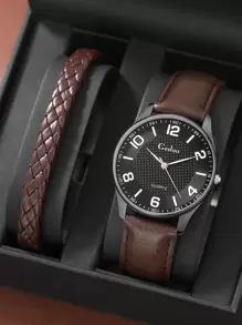 GEDUO 1 pieza Hombres Reloj cuarzo de puntero redondo & 1 pieza Pulsera - Negro - Ver 1