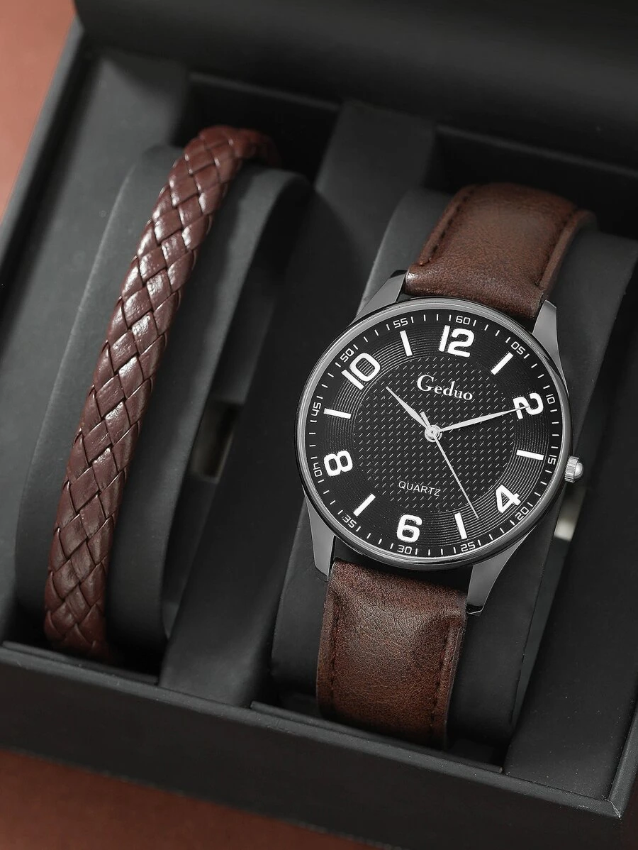 GEDUO 1 pieza Hombres Reloj cuarzo de puntero redondo & 1 pieza Pulsera - Negro - Ver 1