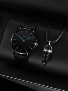 1入組男士圓形指針石英手錶和1入組項鍊