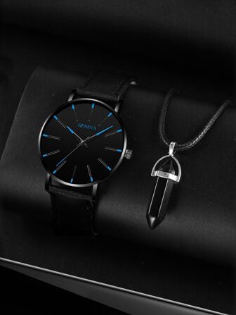 1pc Men Round Pointer Quartz Watch & 1pc Necklace