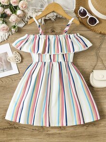 Toddler Girls Striped Cold Shoulder Ruffle Trim Button Front Dress - Multicolor - View 2