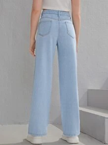 SHEIN Teen Girls Butterfly Print Straight Leg Jeans - Light Wash - View 2