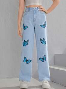 SHEIN Teen Girls Butterfly Print Straight Leg Jeans - Light Wash - View 4