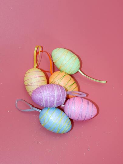 6pcs/set Plastic Decorative Egg, Creative Striped Metallic Festival Decor For Easter Day