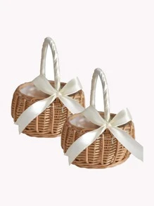 1 件丝带装饰编织设计花童篮，波西米亚风藤条蝴蝶结装饰花童篮，适合婚礼、圣诞节