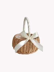 1 件丝带装饰编织设计花童篮，波西米亚风藤条蝴蝶结装饰花童篮，适合婚礼、圣诞节