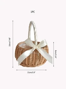 1 件丝带装饰编织设计花童篮，波西米亚风藤条蝴蝶结装饰花童篮，适合婚礼、圣诞节