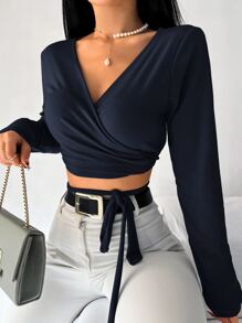 EURMUSE Surplice Neck Knot Detail Crop Tee - Navy Blue - View 1