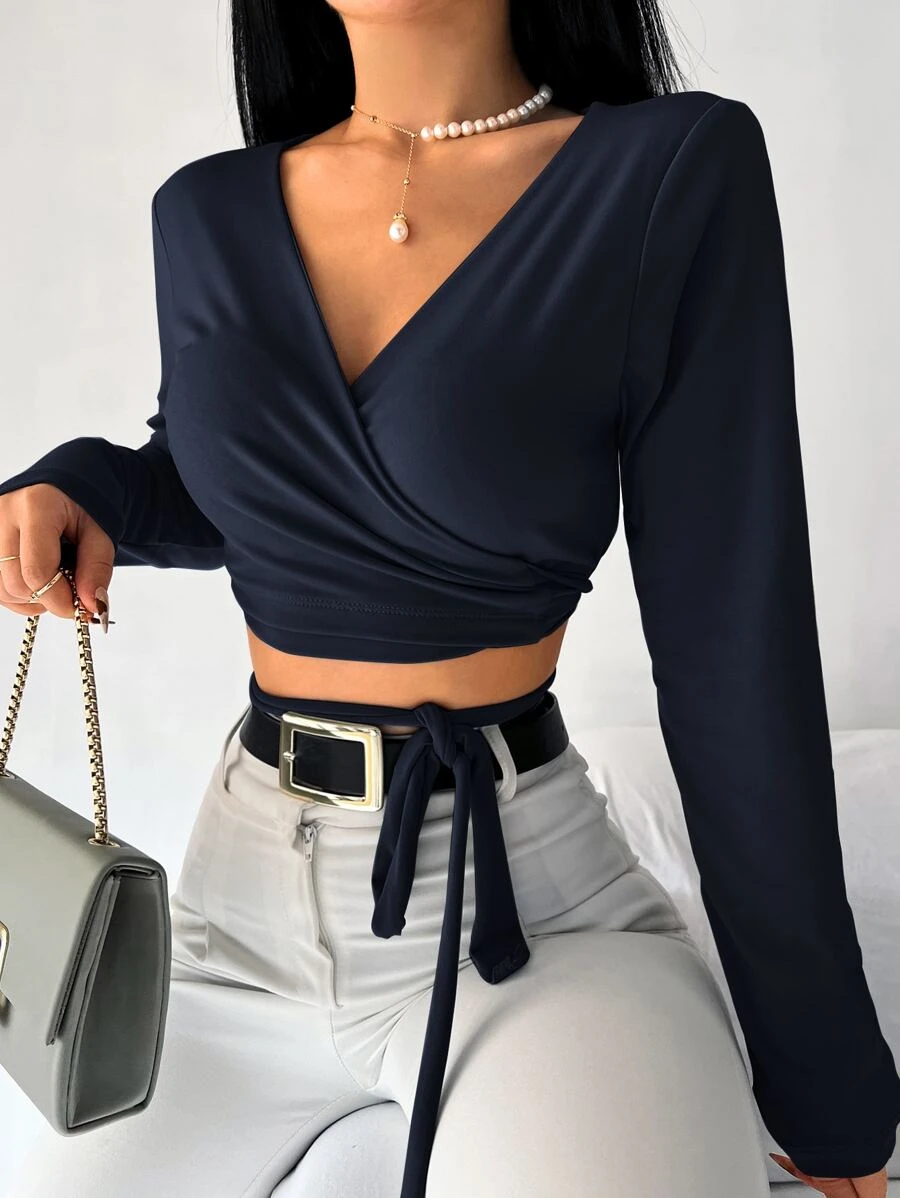 EURMUSE Surplice Neck Knot Detail Crop Tee - Navy Blue - View 1