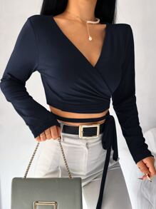 EURMUSE Surplice Neck Knot Detail Crop Tee - Navy Blue - View 5