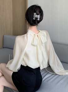 素色後綁帶插肩袖襯衫 - 米色 - 查看 1