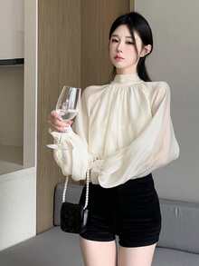 素色後綁帶插肩袖襯衫 - 米色 - 查看 3