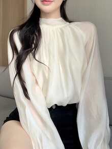 素色後綁帶插肩袖襯衫 - 米色 - 查看 4