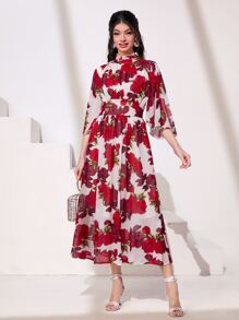 Modelyn Floral Print Frill Neck Dress - White - View 1