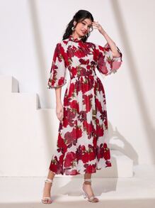 Modelyn Floral Print Frill Neck Dress - White - View 4