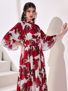 Modelyn Floral Print Frill Neck Dress - White - View 5