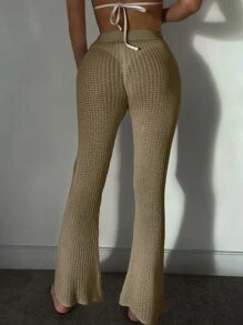 SHEIN Plain Knitted Cover Up Pants For Summer Beach Vacation - Khaki - View 2