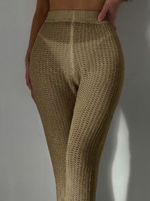 SHEIN Plain Knitted Cover Up Pants For Summer Beach Vacation - Khaki - View 3