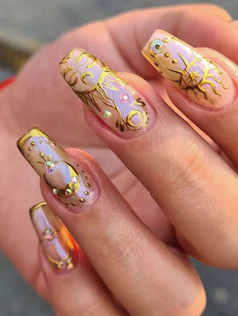 Upgrade Your Look with 24pcs Long Coffin Moon Pattern Phnom French Sun Eyes Fake Nail & 1pc Nail File & 1sheet Nail Tape For women And Girls - Multicolor - View 1