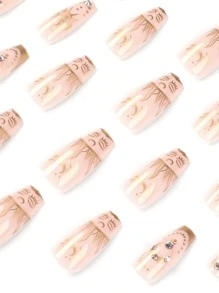 Upgrade Your Look with 24pcs Long Coffin Moon Pattern Phnom French Sun Eyes Fake Nail & 1pc Nail File & 1sheet Nail Tape For women And Girls - Multicolor - View 3