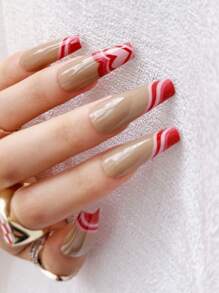 24片长棺材形心形图案假指甲、1个指甲锉和1张指甲胶带 - 彩色 - 查看 1