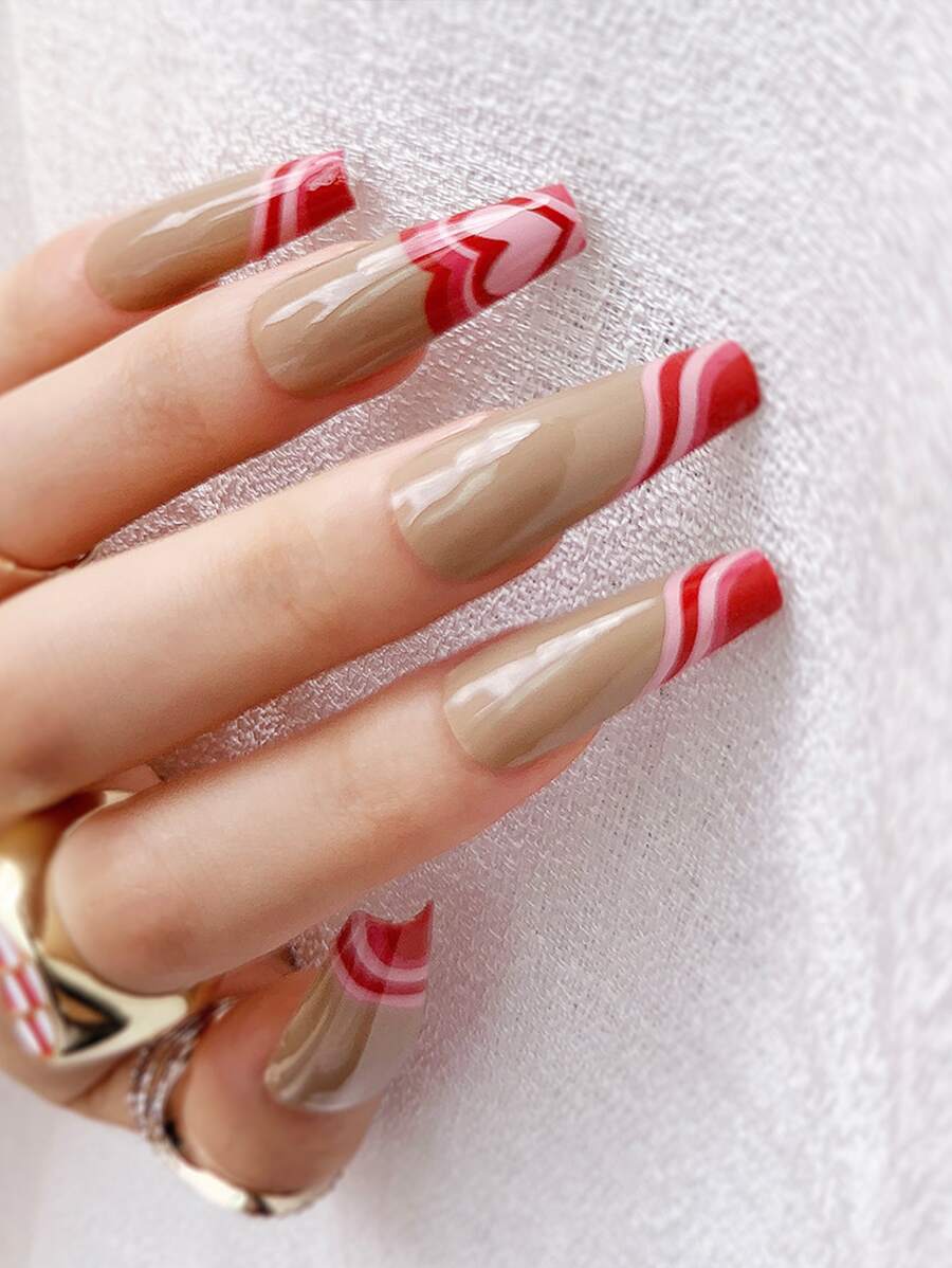 24片长棺材形心形图案假指甲、1个指甲锉和1张指甲胶带 - 彩色 - 查看 1