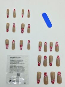 24片长棺材形心形图案假指甲、1个指甲锉和1张指甲胶带 - 彩色 - 查看 2