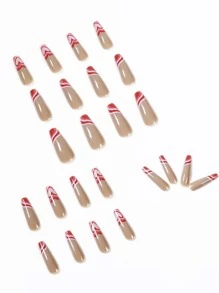 24片长棺材形心形图案假指甲、1个指甲锉和1张指甲胶带 - 彩色 - 查看 3